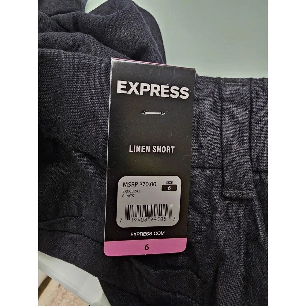 Express Womens Pleated Linen Shorts Black Linen Blend Casual Size 6